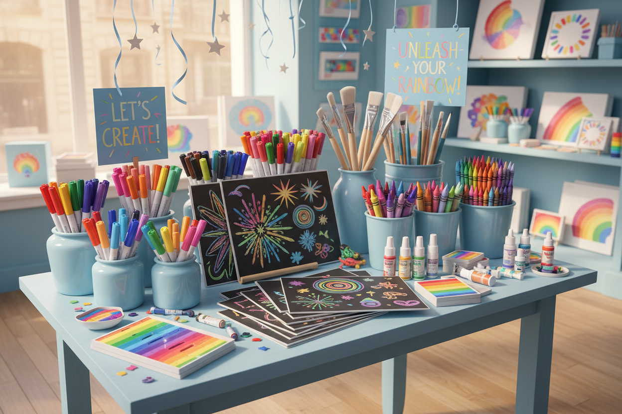 have art supplies and rainbow scratch paper and make the accent light blue like the rest of my store